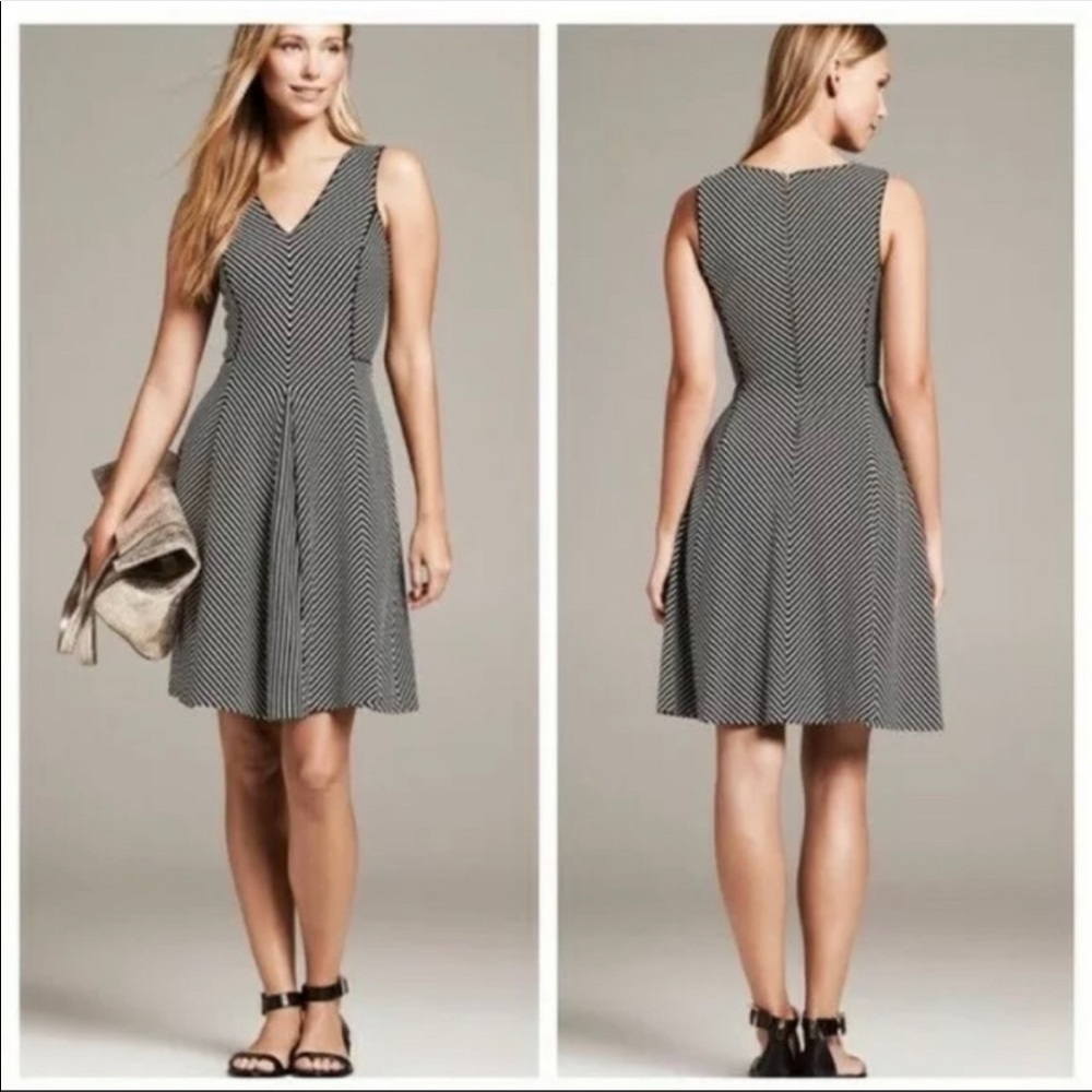 Banana Republic Black White Striped Dress Fit & Flair Pleated size 4 Sleeveless